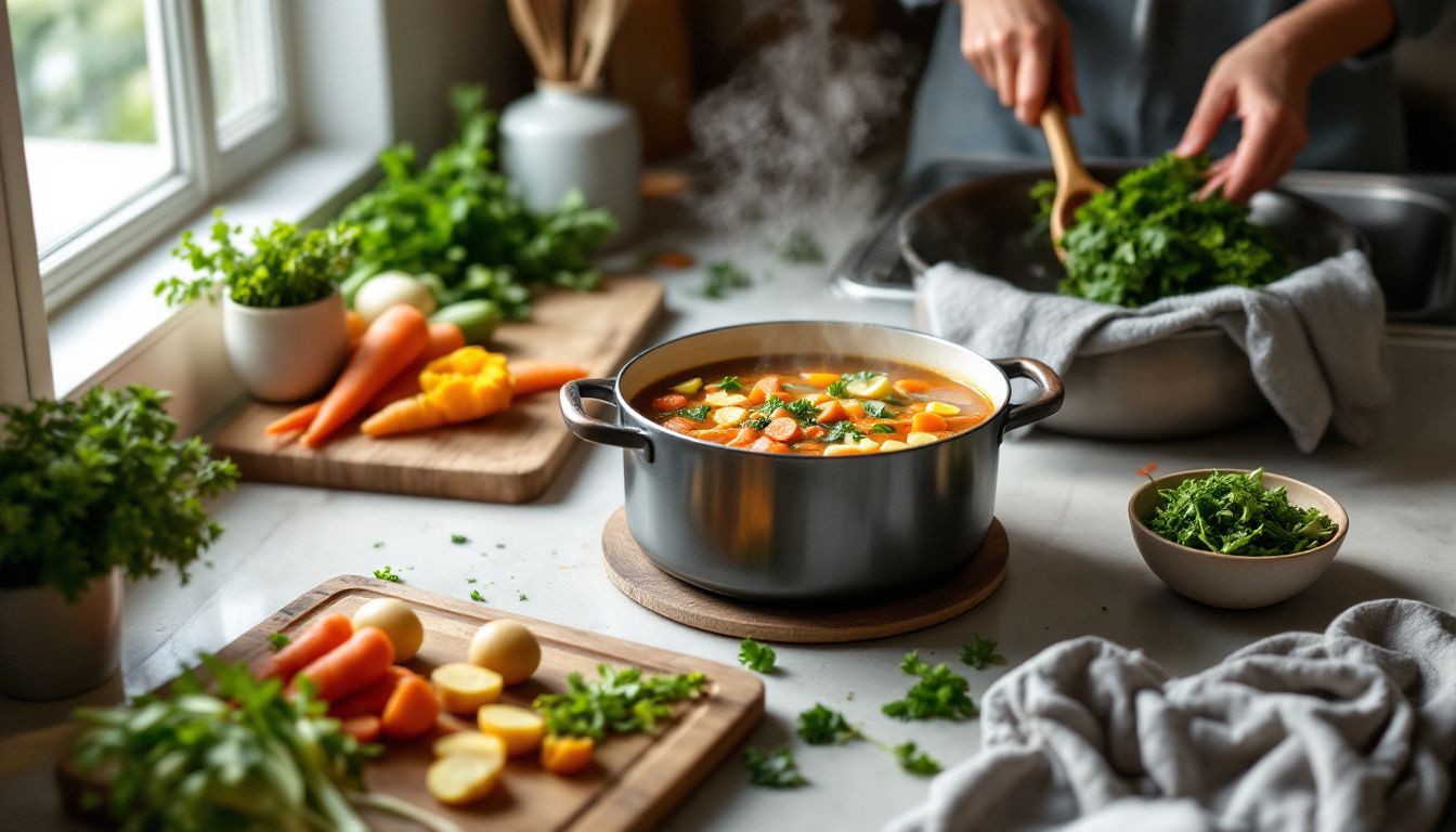Sopa reconfortante de legumes da estação