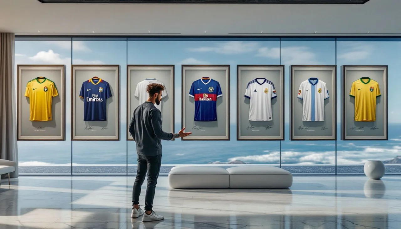 Neymar exibe coleção de camisas autografadas em mansão de R$ 50 milhões em Santos